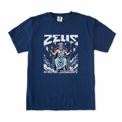 Zeus King of Gods Greek mythology tee featuring lightning and an eagle motif graphic design.