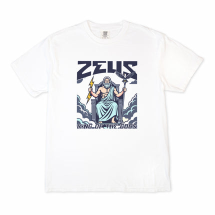 Zeus King of the Gods Greek mythology t-shirt featuring lightning bolt and majestic eagle graphic design.